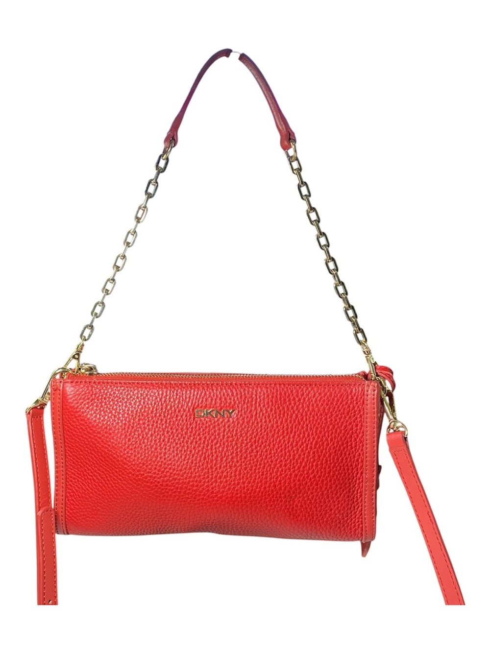 DKNY Leather Shoulder Crossbody Bag Apple Red Gold Hardware Baguette Style